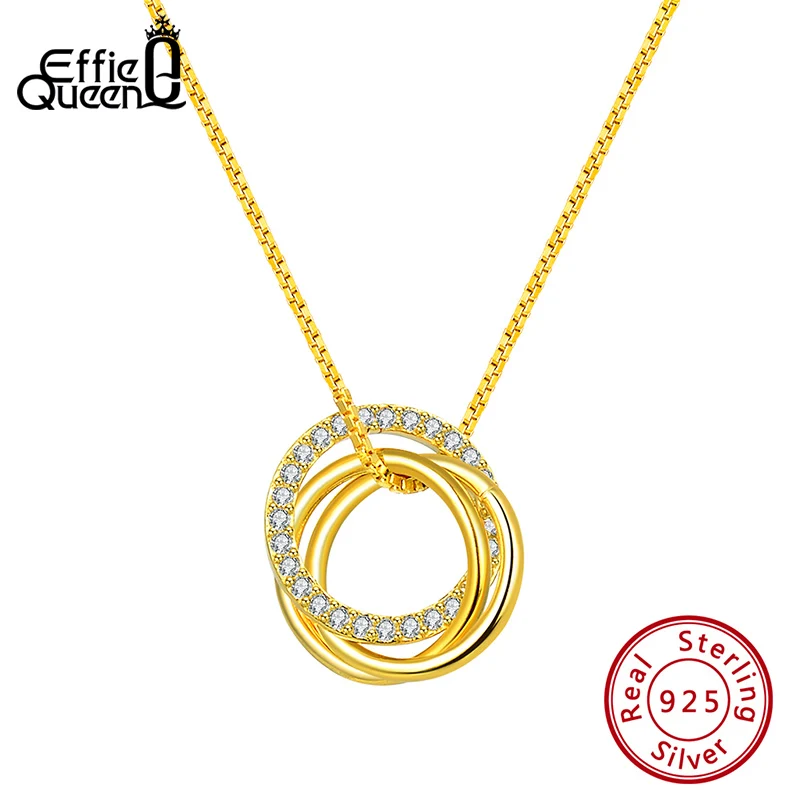 EFFIE QUEEN 925 Sterling Silver Combine Circle Pendant Necklace Box Chain With Shining Zirconia for Women Jewelry Necklace SN175