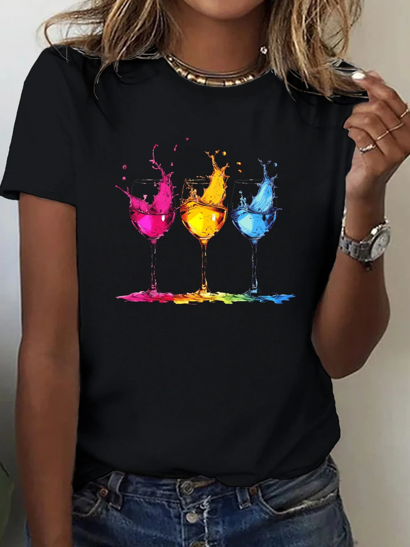 Wine Glasses Print Crew Neck T-shirt Casual Short Sleeve Top for Spring & Summer Women\'s Clothing Aesthetic Clothes