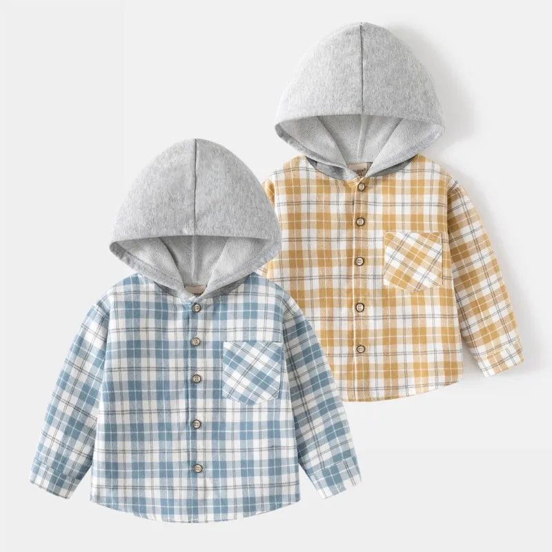 2024 camicia a maniche lunghe da bambino nuova camicia a quadri con cappuccio per neonati