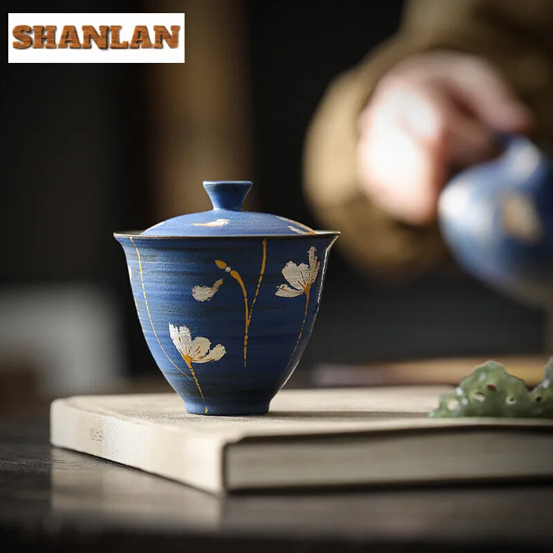 

120ml Hand-painted Gesang Pollen Gaiwan Handmade Powder Yin Rough Pottery Tea Tureen Tea Maker Cover Bowl Teaset Services Gift