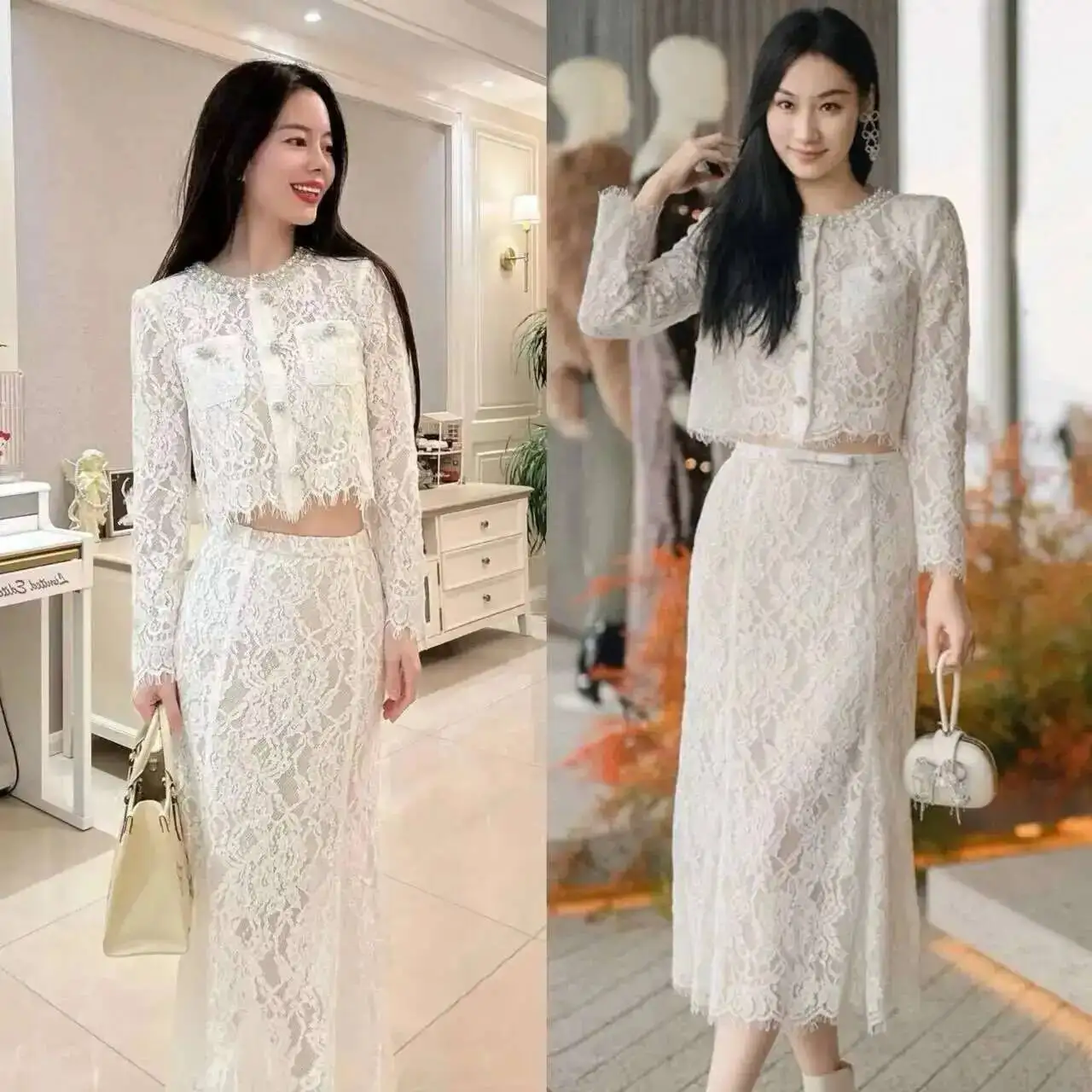 Luxury Lace Long Dresses 2 Pieces Women Skirts Sets Summer Holiday Crystal Beading White Jacket Top Hollow Out Long Skirts Suits