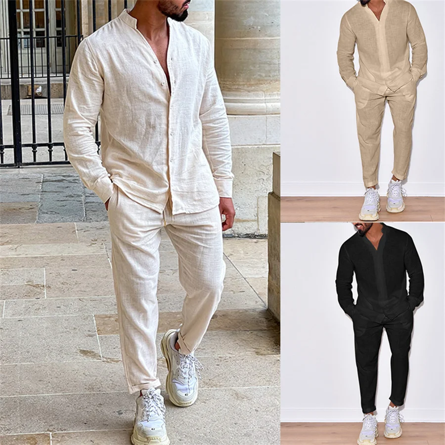 2024 Casual Long Sleeve Shirt and Pants Set Men Solid Color Cotton Linen Tops Trousers 2 Piece Suits Tracksuit Men\'s Clothing