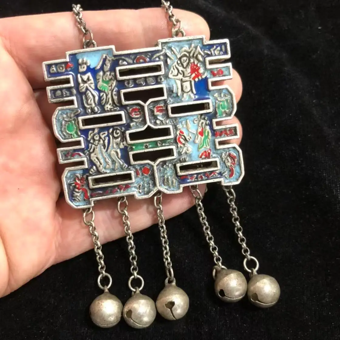 Jewelry accessories, vintage enamel Tibetan silver hollowed-out happy character embossed pendant