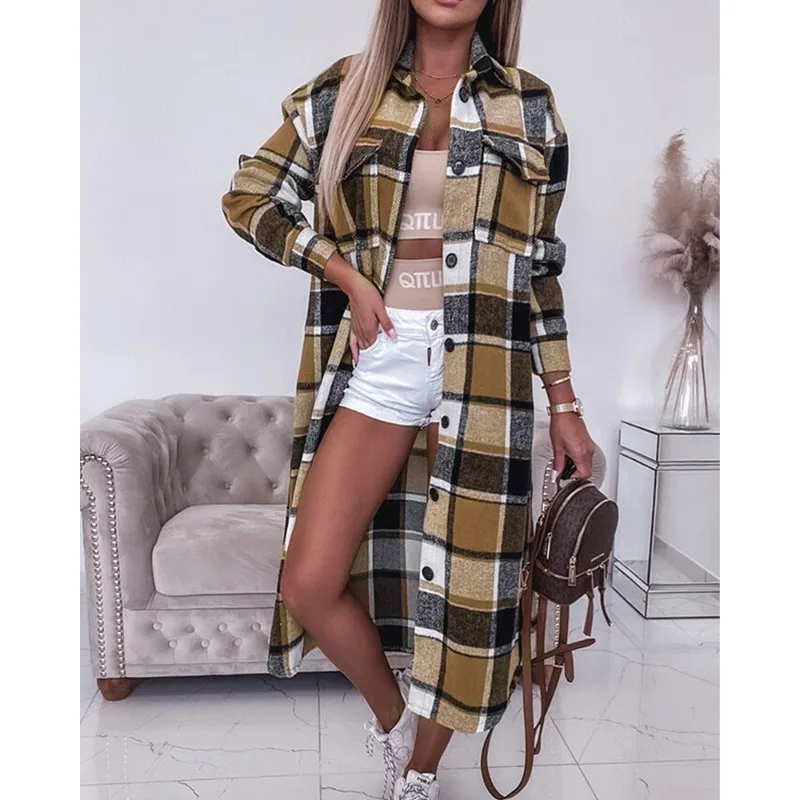 Women's Loose Plaid Cardigan Loose Shirt Trench 2023 Autumn Winter Shirt Women Long Sleeve Single-Breasted Turn-down Collar Coat