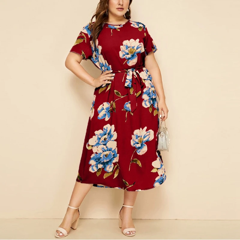 

Women's plus-size chiffon dress, round neck, belt, short sleeve, printing, leisure, summer fashion,