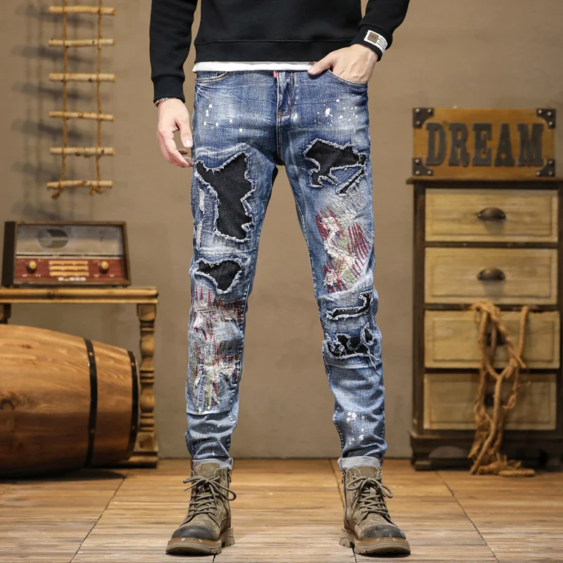 

Street biker high-end men's jeans personalized color collision splicing embroidery men's pants small straight pants