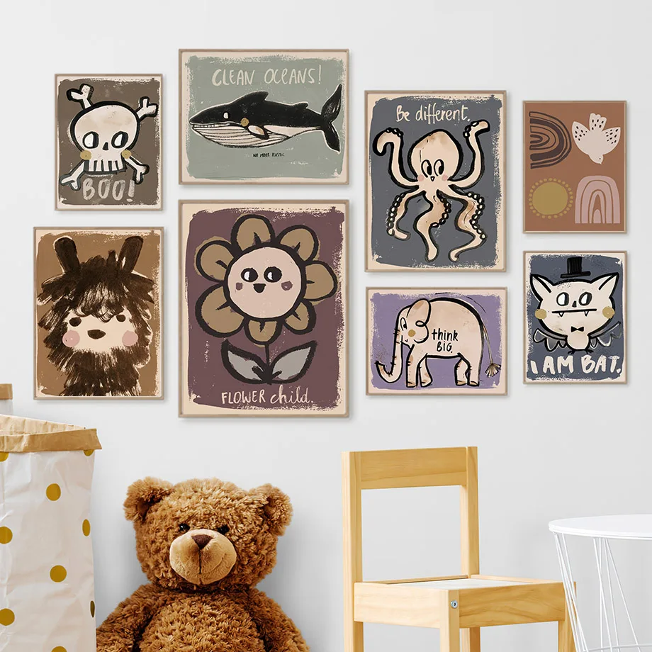 Cute Elephant Flower Skull Shark Bat Wall Art Canvas Painting Nordic Retro Posters And Prints Wall Pictures Baby Kids Room Decor