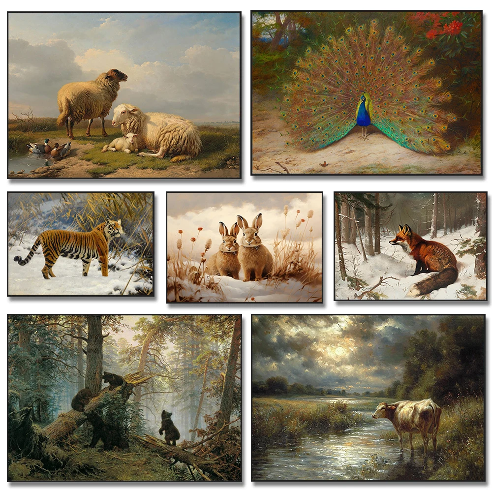 Frühling Land Kunst Schafe Ente Kaninchen Elch Kuh Vintage Poster Drucke Leinwand Malerei Wand Kunst Bild Wohnzimmer Wohnkultur