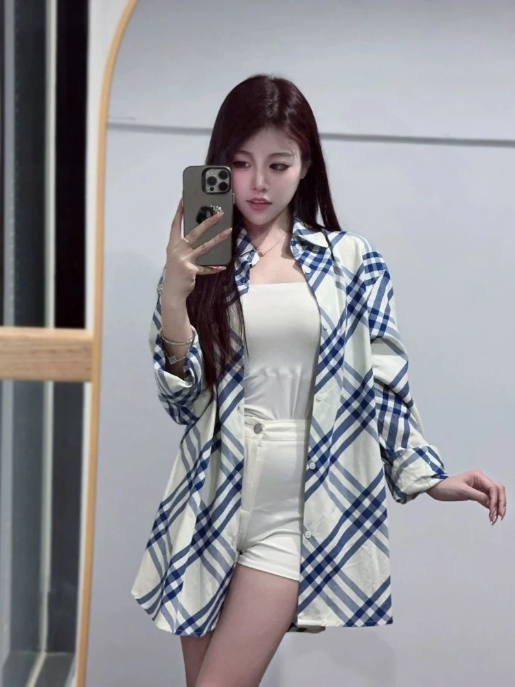 

Women's Loose Fit Plaid Shirt 2026 Spring Autumn Long Sleeve Top Color Block Casual Blouse for Everyday Wear