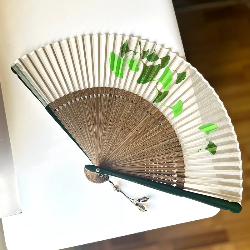 Chiffon Gold Foil Folding Fan with Ginkgo Leaf Pattern Coffee Yellow for Hanfu Robe Photography Daily Fan Gift Home Office Set