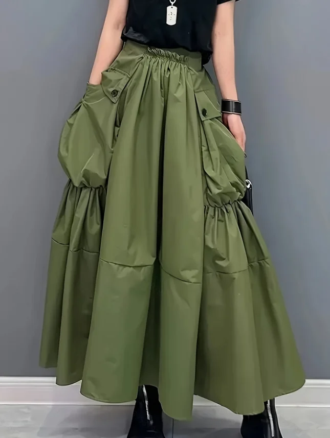 Women's Army Green Elastic High-Waisted Long Skirt, Multi-Layered Ruffle Hem, Large Side Pockets, Loose A-Line Casual Street Style Long Skirt.