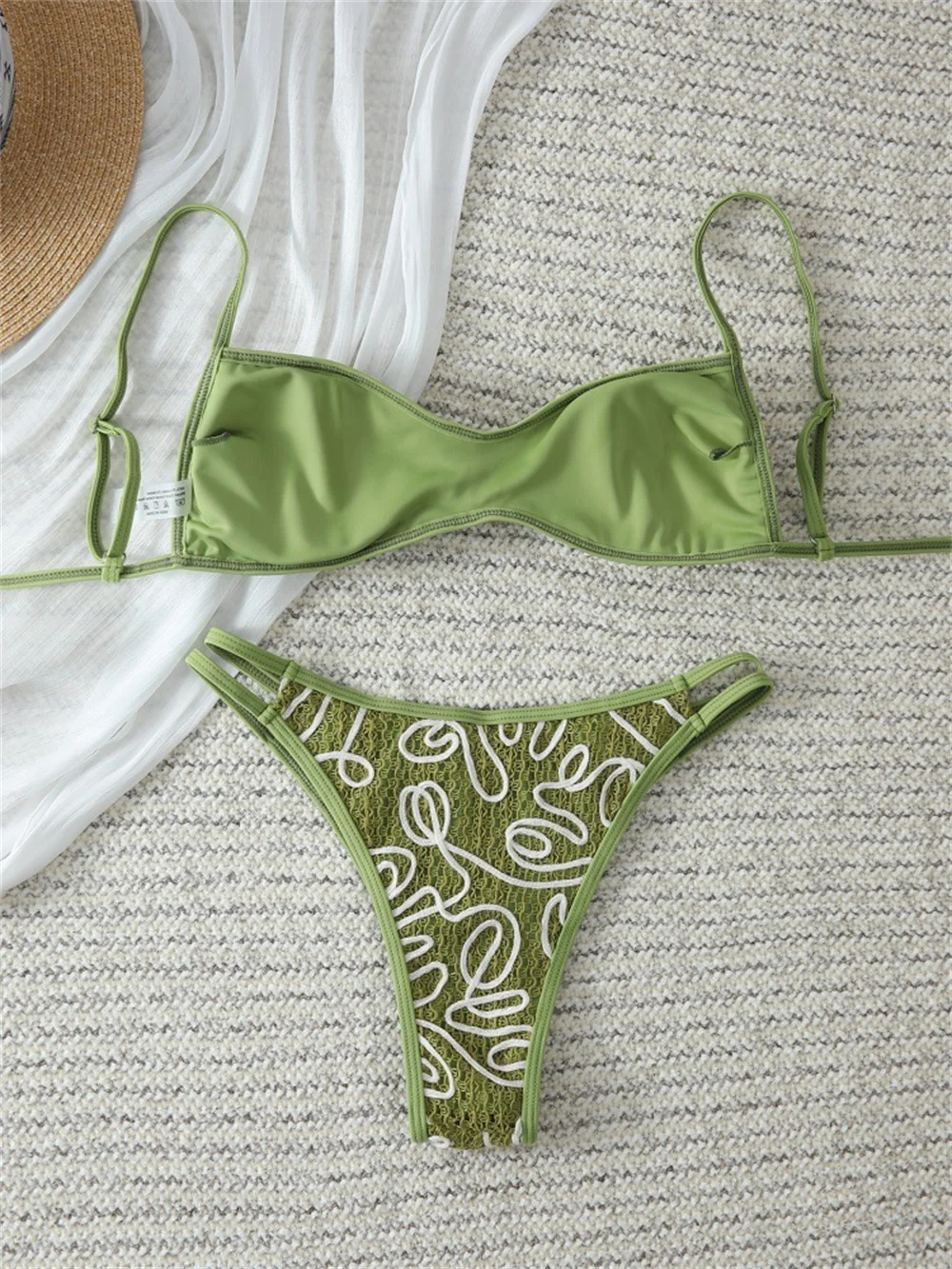Sexy Green Bikini Textured Sling Swimsuit Women Y2k Border Adjustable Straps Swimwear Beach Bathing Suit Vacation Outfit Biquini