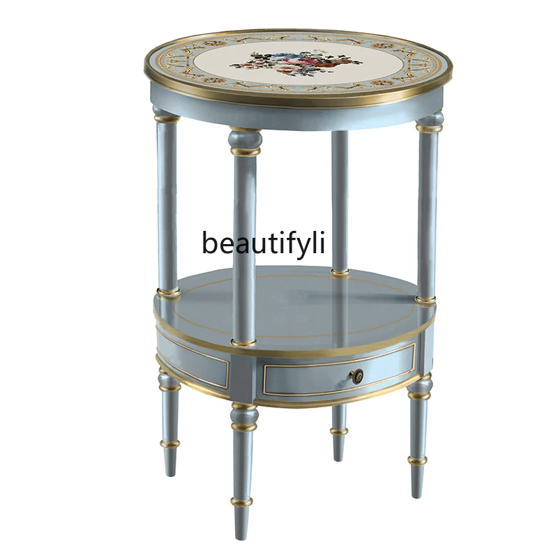 

French Retro Sofa Side Table Bedside Light Luxury Small round Table Solid Wood Painted Retro Coffee Table