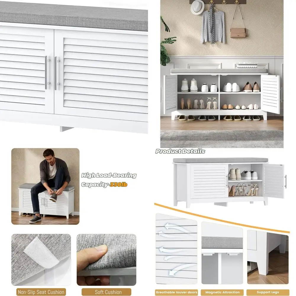 

2-уровневая скамья для хранения обуви, мебель для прихожей шириной 39,4 со съемной подушкой и 2 дверцами с жалюзи, регулируемая полка, скамья для хранения вещей