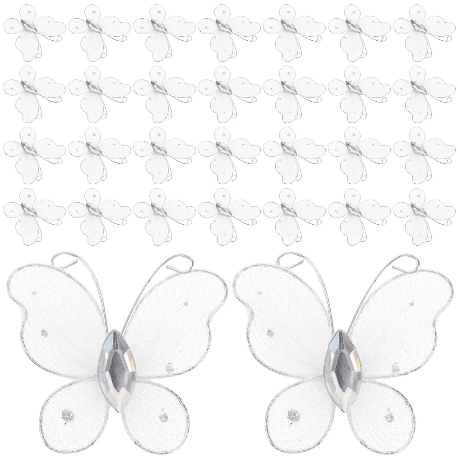 

50pcs White Mesh Butterflies For Wedding Diy Craft Decorations Sparkle Rhinestone Ribbon Hair Ornament Party Accessories Giant