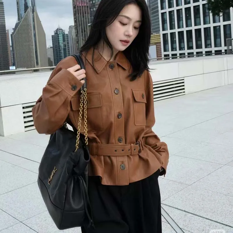 Natural Real Sheep Skin Coat Single-Breasted Women Spring Short Length Outerwear Female With Belt High Quality