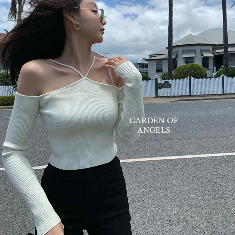 

Women Crop Sweater Sexy Off The Shoulder Slim Knitted Sweaters Long Sleeve Pull White Black Top Autumn Vintage Fashion Pullover