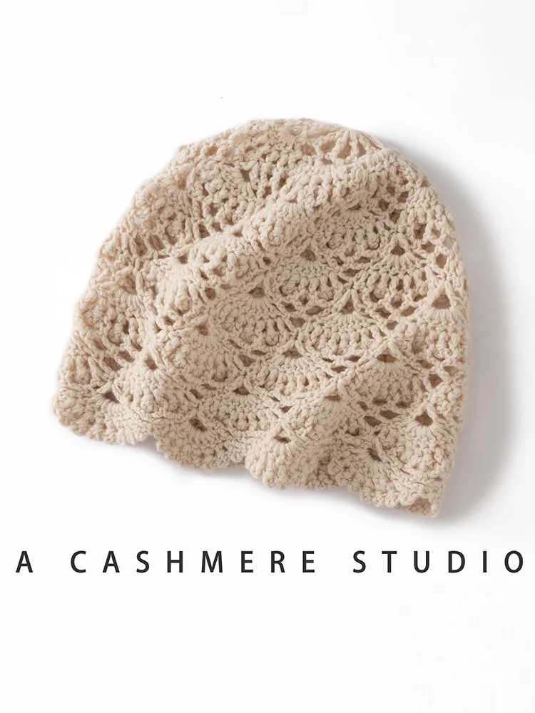 女性の 100% カシミヤ手作りカシミヤ帽子中空かぎ針編みパターン帽子秋冬高品質ニットファッショントップス