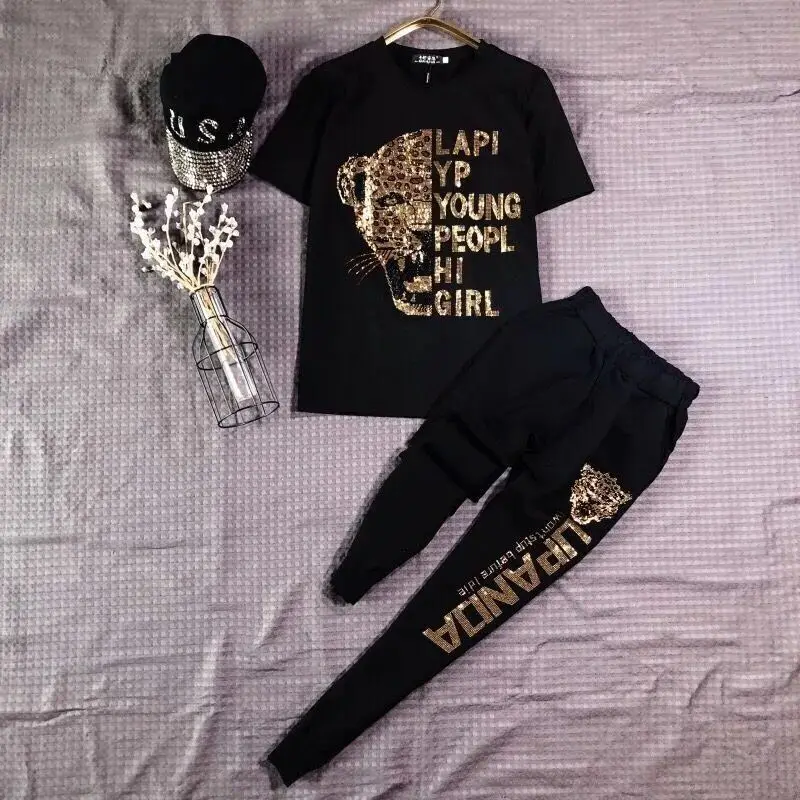 Fashionable Casual Women's Two-Piece Set Summer Sparkling Diamond Meat Concealing Long Pants Short Sleeve round Neck Top