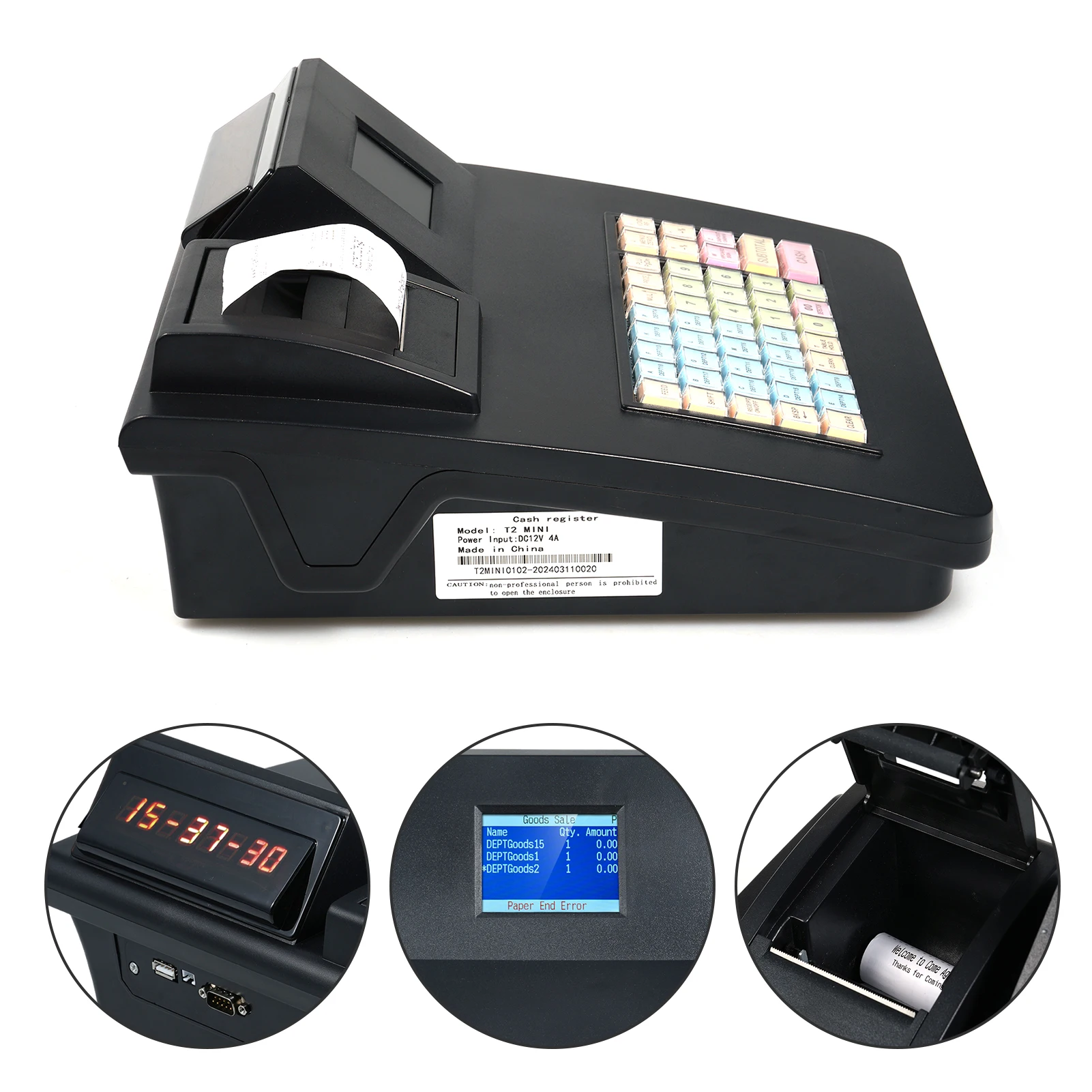 The electronic cash register features a 48-key RS232 USB port, a 2.8-inch display, and a 58mm thermal printer