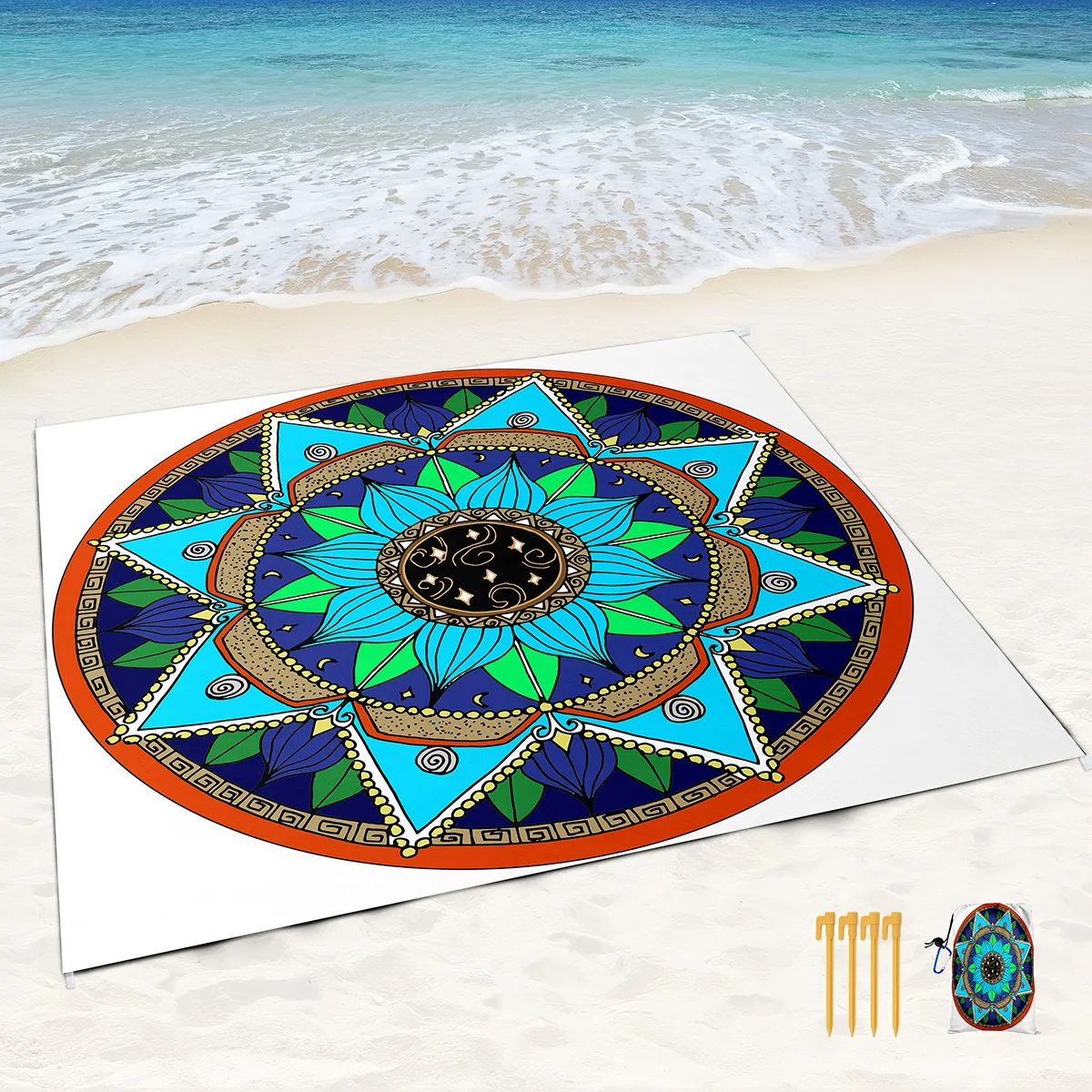 Sand Proof Beach Blanket Water Proof Mat with Corner Pockets and Mesh Bag for Beach,Travel,Camping,Beautiful Quiet Blue Mandala image 5