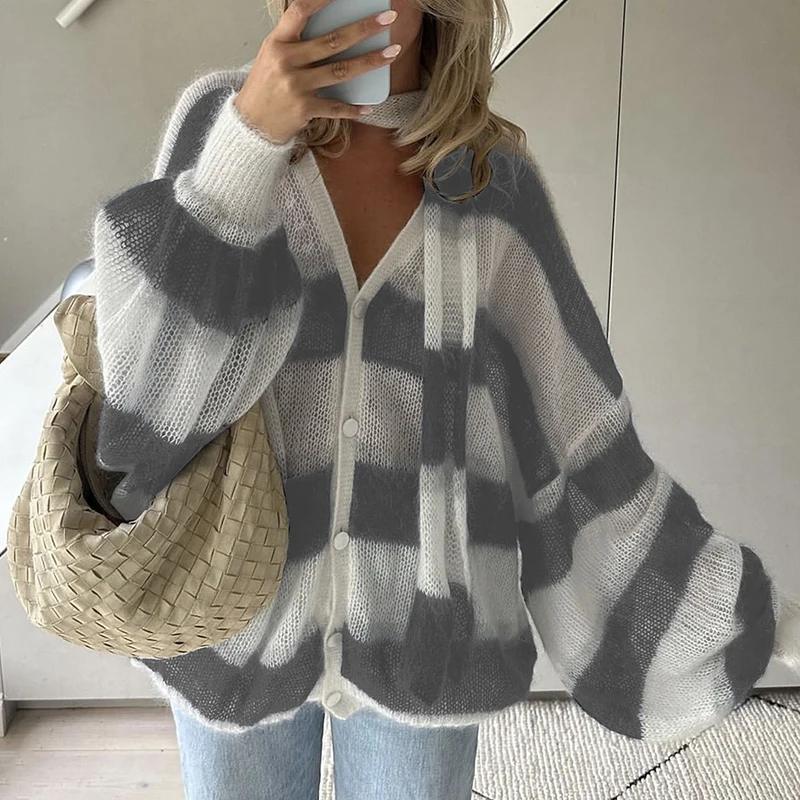 2024 Autumn Striped Printed Breathable Sweater Women Sexy V Neck Lace Up Long Sleeved Top Elegant Single Breasted Loose Sweater