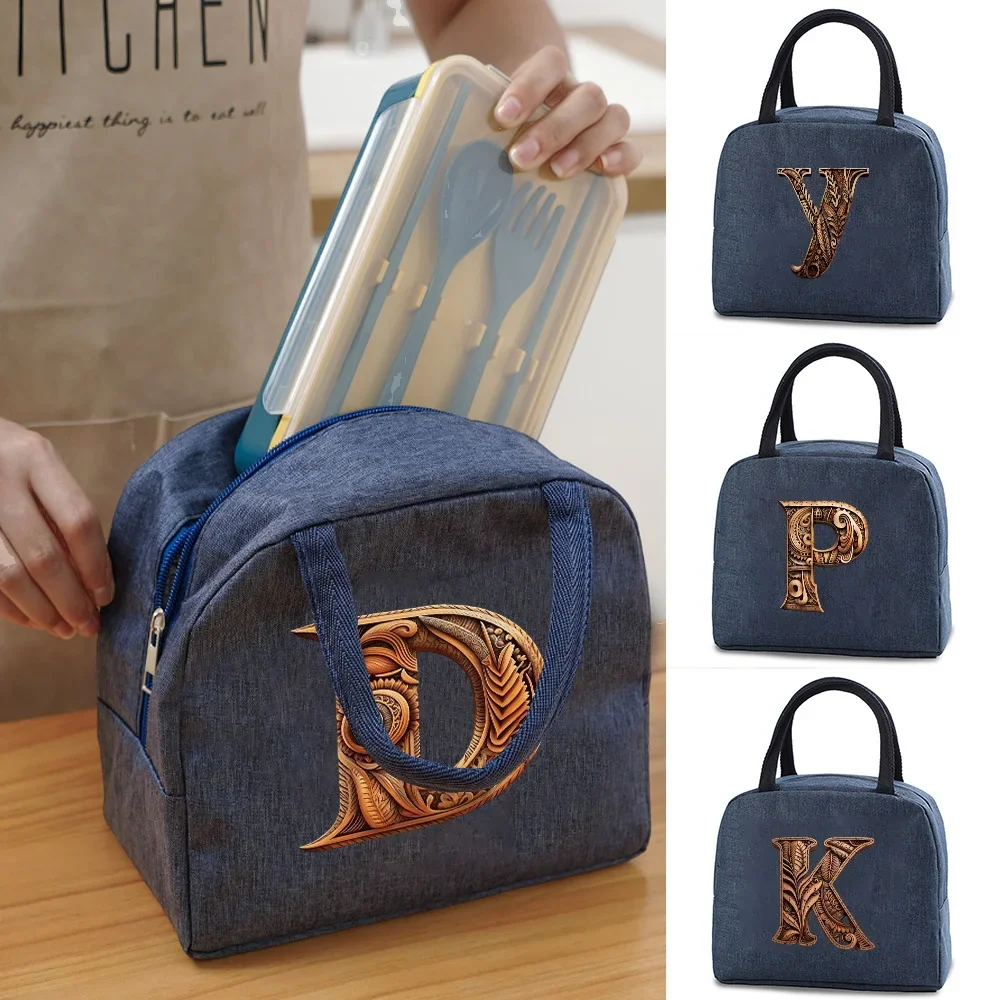 Portable Lunch Bag Bento Pouch Thermal Insulated Lunch Box Tote Cooler Handbag Food Storage Container Wood Art Letter Pattern