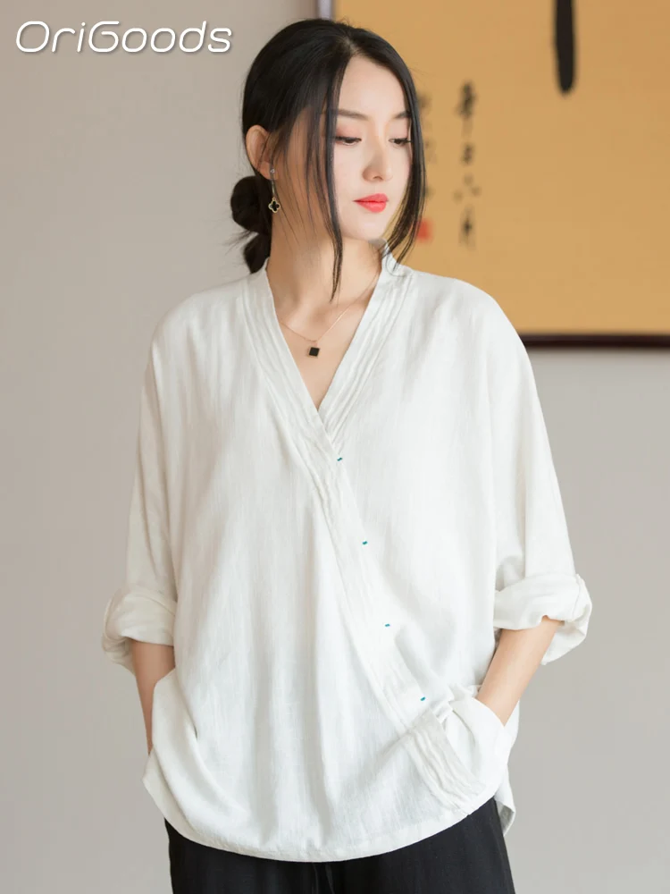 OriGoods Women Linen Blouse V-neck Solid Black White Shirt Oversized Top 2024 Summer Long Sleeve Linen Shirt Blouse New B004