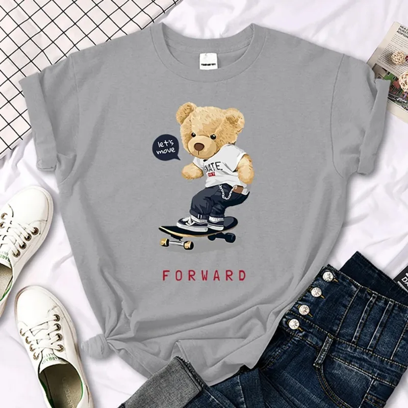 Tshirt Soft Loose Fashiontee Tops Original Aesthetic Women Tshirt Let'S Move Skateboarding Teddy Bear T-Shirts Street Hipster