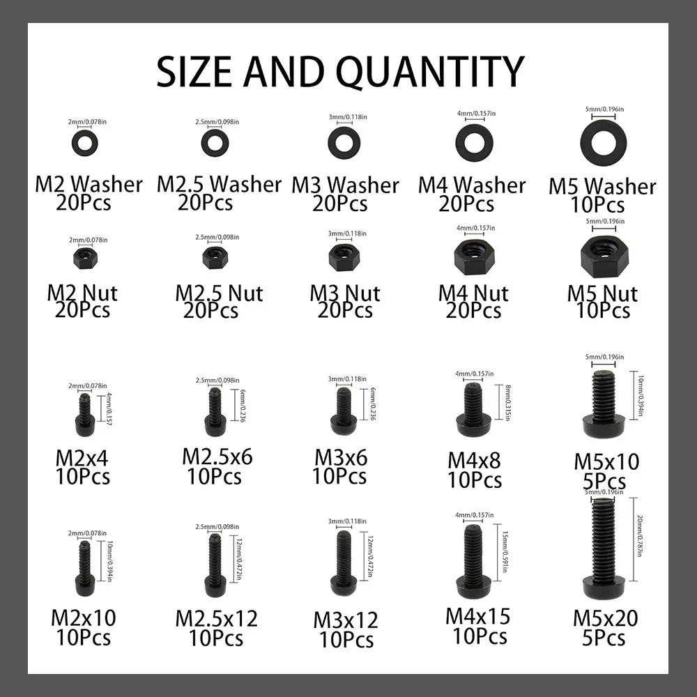 270Pcs Metric M2-M5 Nylon Cross Pan Head Screws Hex Nuts Washers Assortment Kit Plastic Insulated Fastener Set