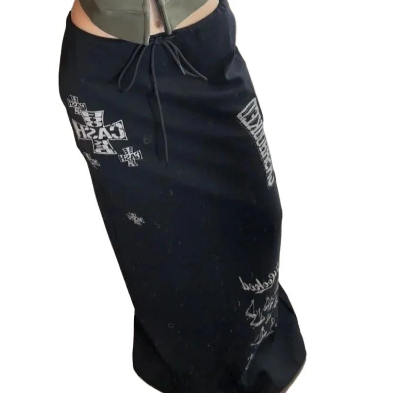 Deeptown – jupe longue gothique noire pour femmes, Style japonais, Harajuku Y2k, imprimée, Vintage des années 2000, Streetwear, jupes trapèze esthétiques