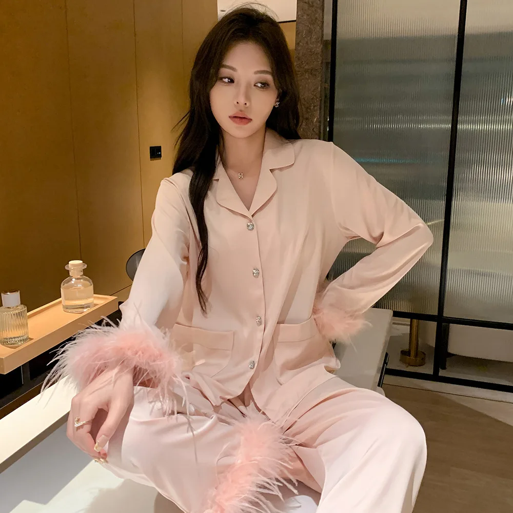 Pink Feather Pyjamas Set Lady Luxury Satin Home Clothes Spring Summer New Nightwear Long Sleeve Shirt&pants Women Trousers Set