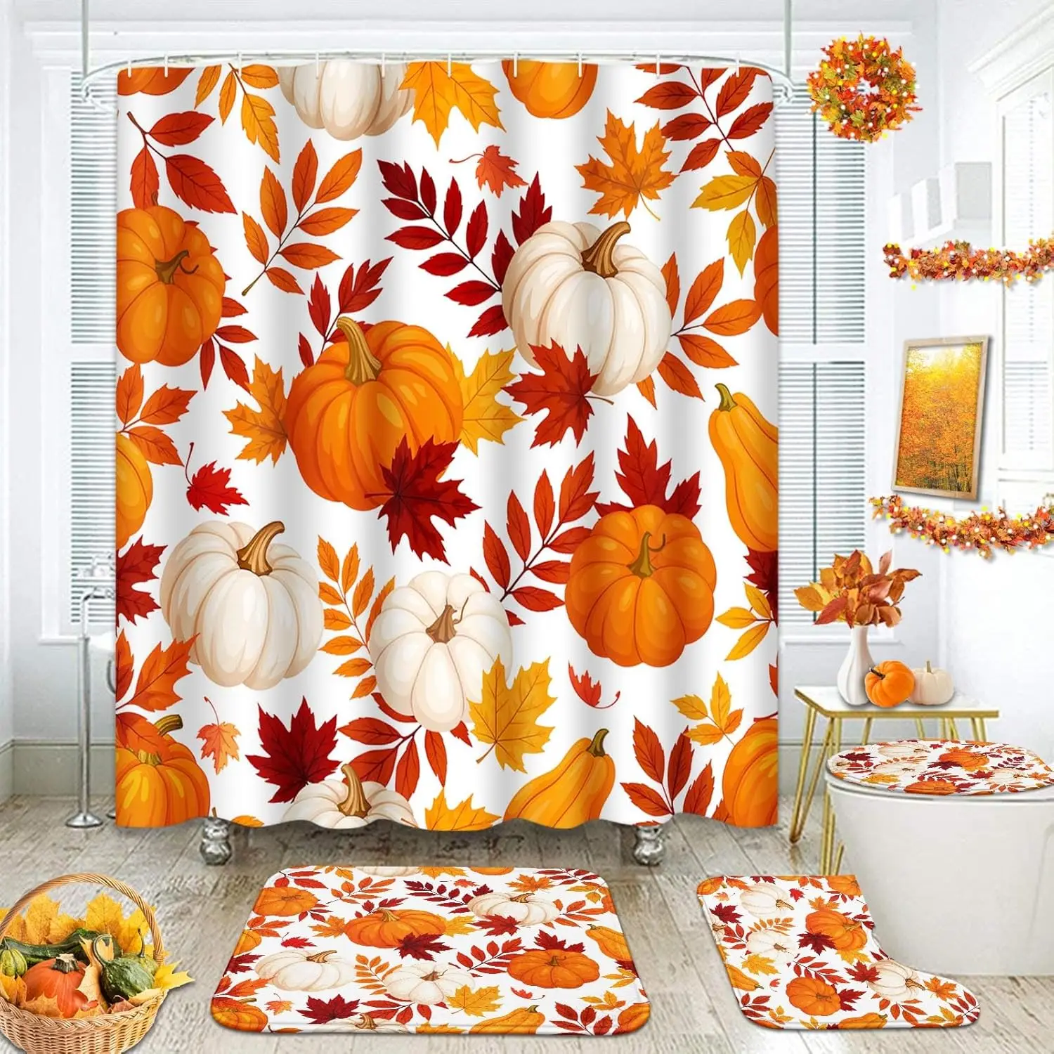 

Набор для ванной комнаты ArtSocket Fall Pumpkin с занавеской для душа и аксессуарами для ковриков, занавеска для душа из клена тыквы, осенняя летучая мышь