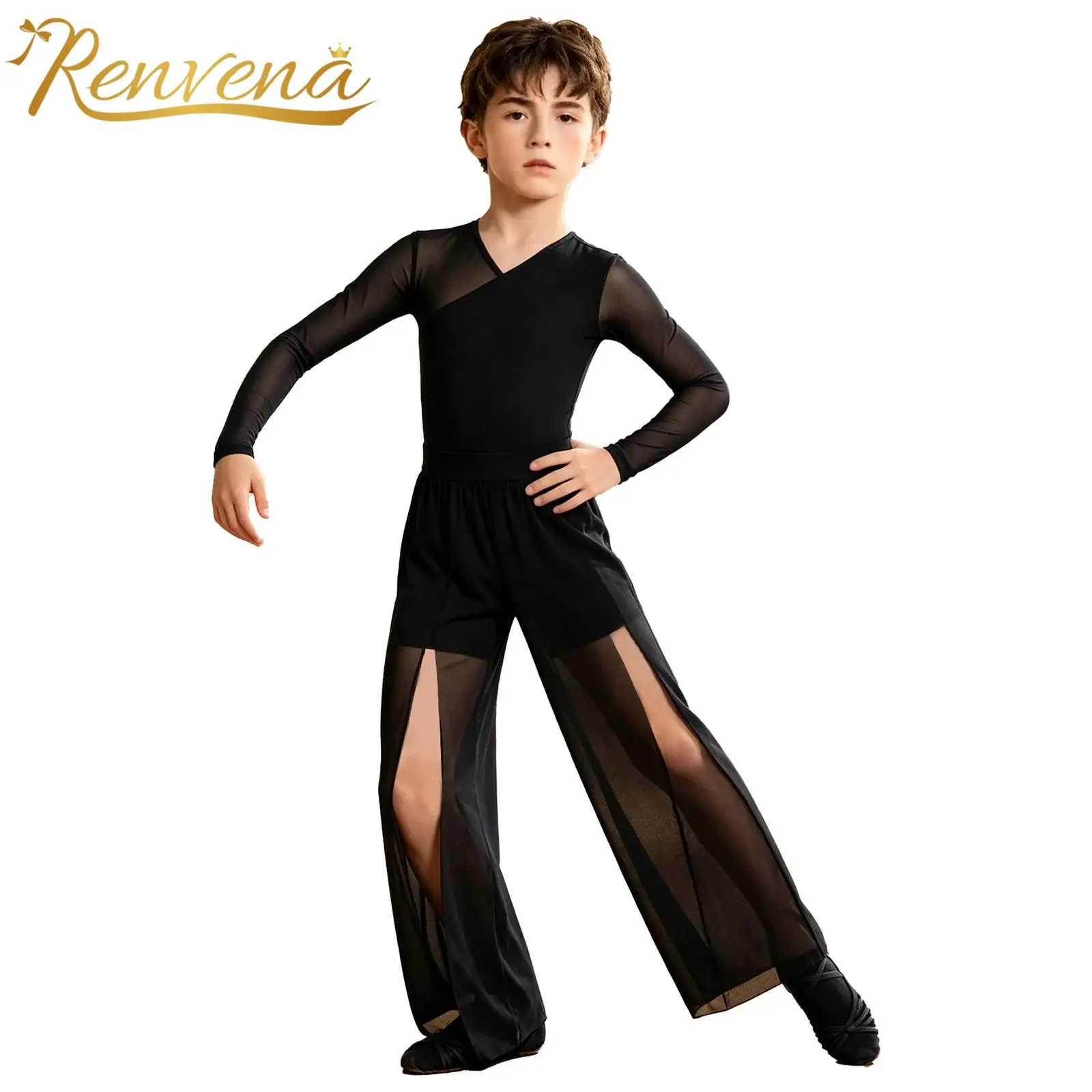 Boys Lyrical Dance Outfit Children's Bodyduit with Split Mesh Pants Suits Kids Competition Modern Contemporary Dancewear