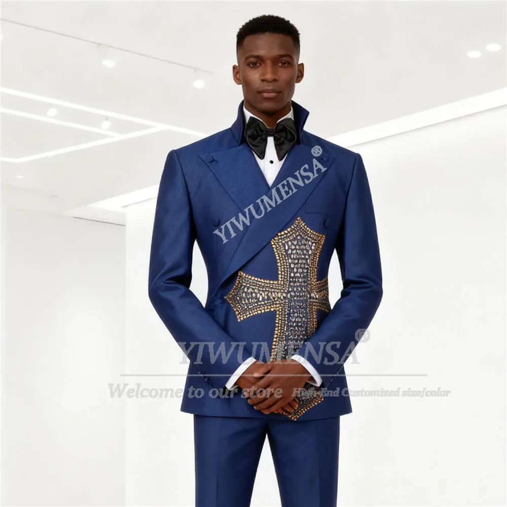 

Unique Desing Beaded Stones Suit Men For Wedding 2 Pieces Sets Double Breasted Jacket Pants Slim Fit Groom Tuxedos Customized