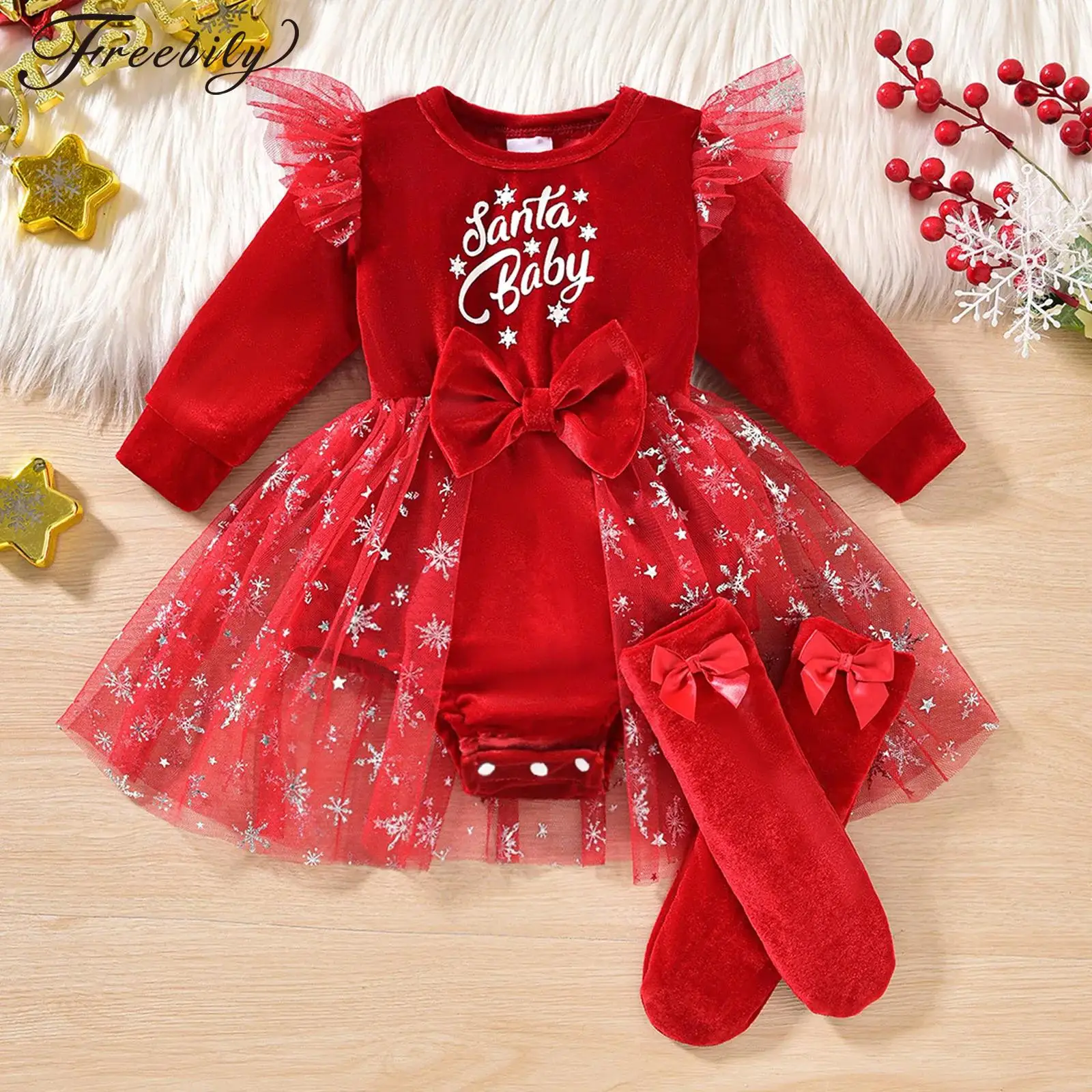 

Infant Baby Girls Christmas Party Outfit Xmas New Year Clothes Long Sleeves Bowknot Sheer Tulle Skirted Velvet Romper with Socks