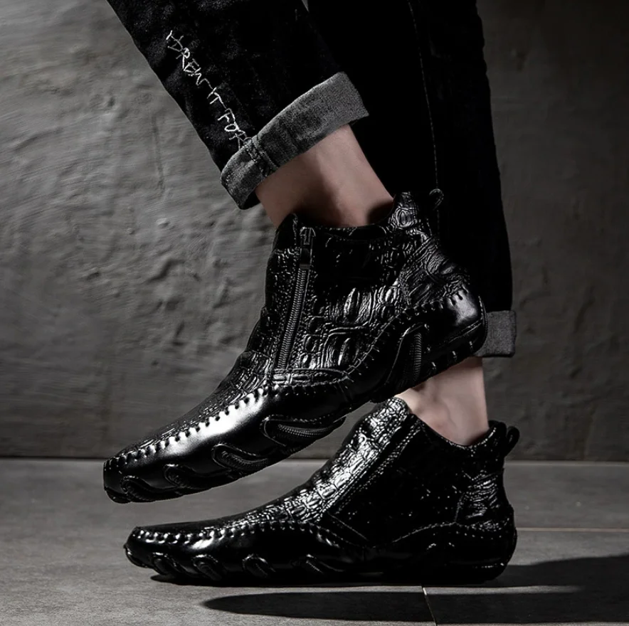 

10AMen Crocodile Leather Shoes Ankle Boots Winter Casual Shoes for Men Brand Retro Loafers Comfortable Sneakers Shoes Footwear