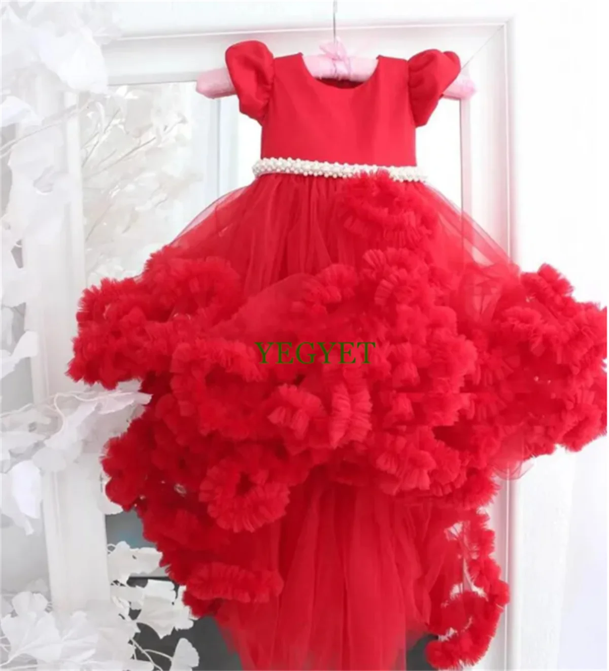 

Red Cloud Tulle High Low Flower Girl Dresses Kids Pageant Gowns Children Birthday Party Prom Dresses