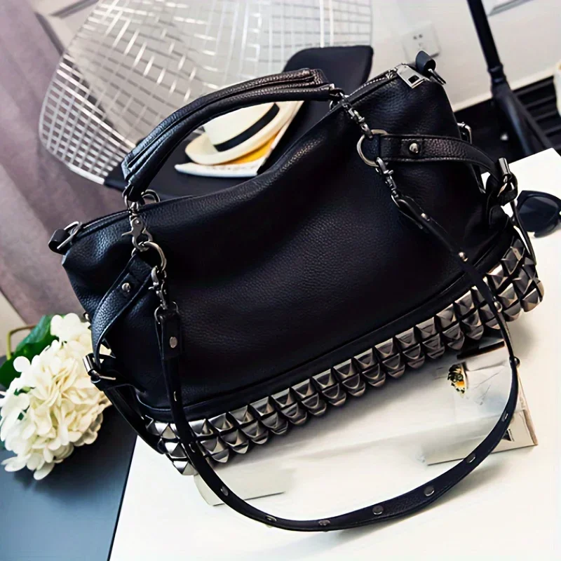 Vintage PU Leather Ladies Handbags Rivet Larger Women Bags Hair Ball Shoulder Bag Motorcycle Messenger Bag Top-Handle Bag