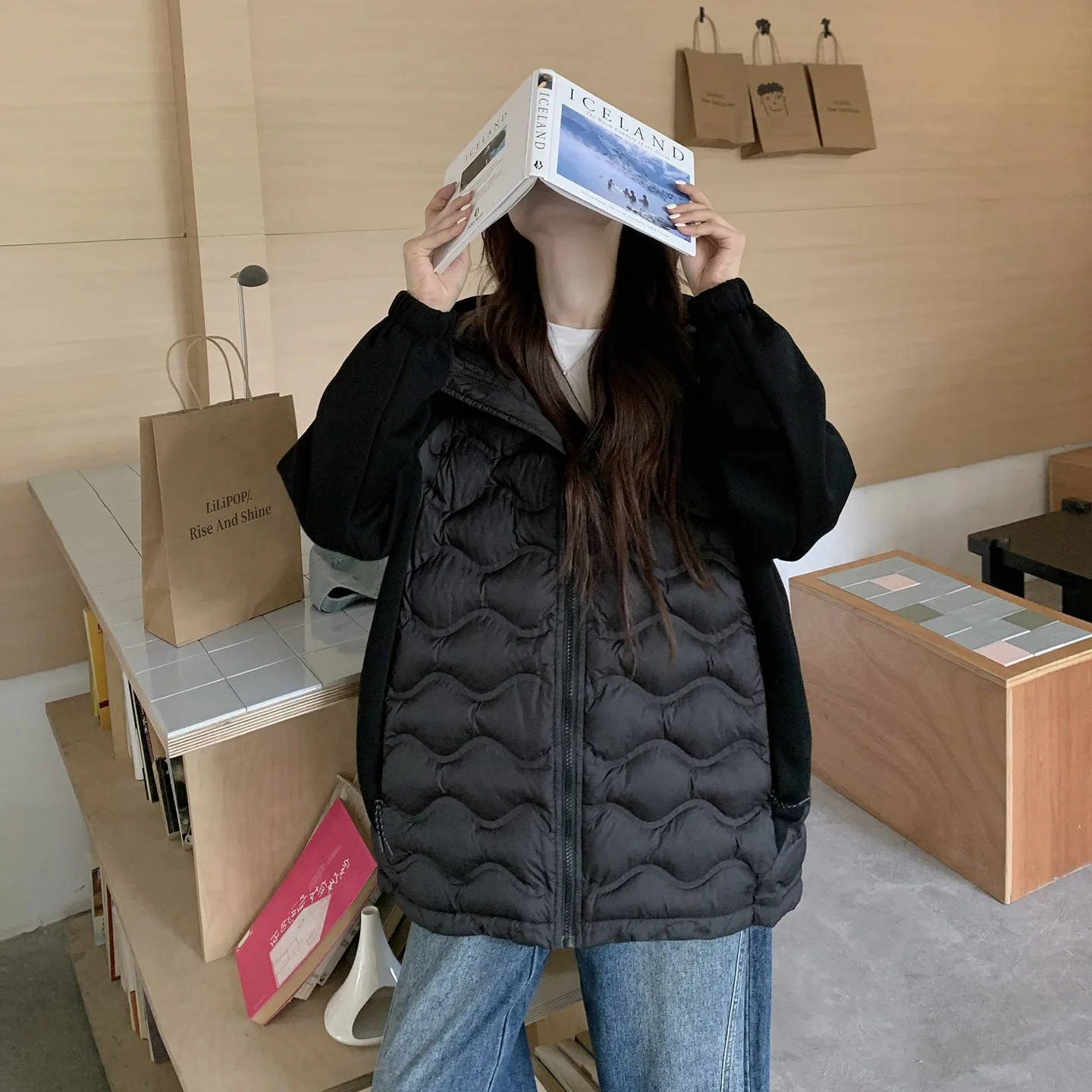 Spliced Short Women Parkas Coats Hooded Overcoats Solid Zipper Long Sleeves Loose Fit Thin Office Lady Casual Autumn Winter 2025