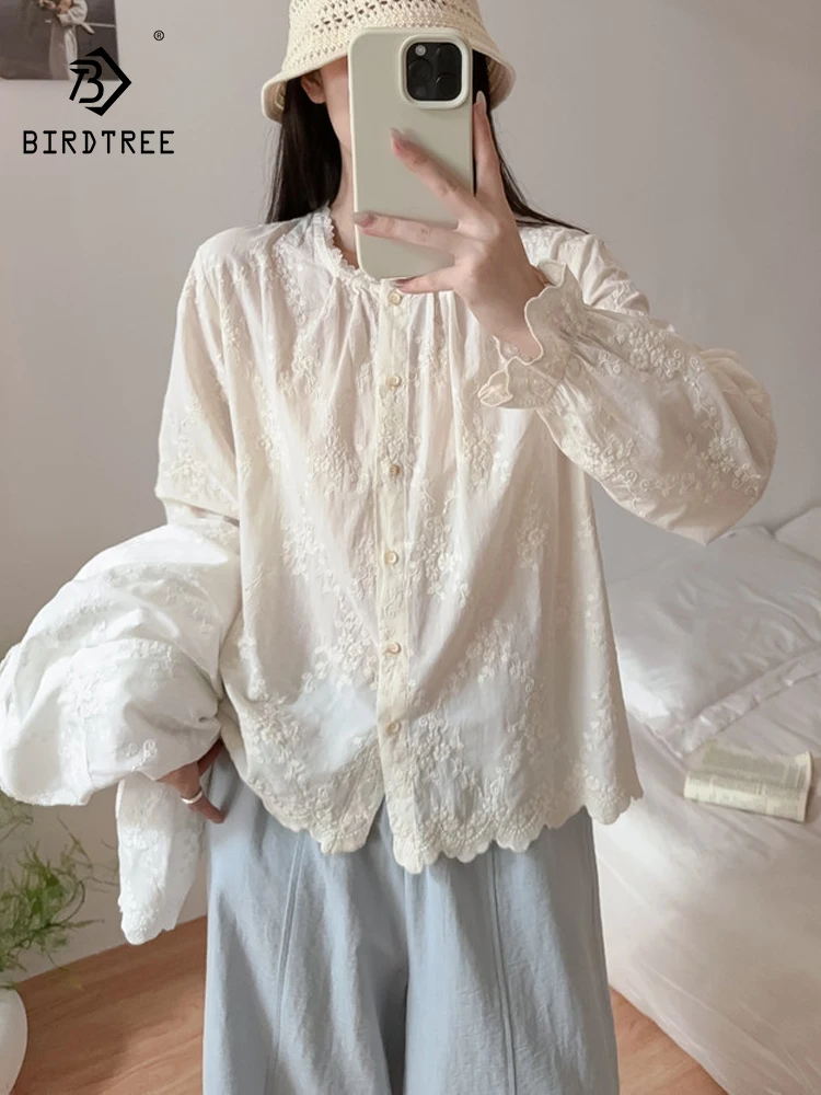 

New 2026 Spring Women Cotton Long Sleeve Shirt, Stand Embroidery Lace Patchwork, Mori Girl French Casual Loose Blouse T61453CC
