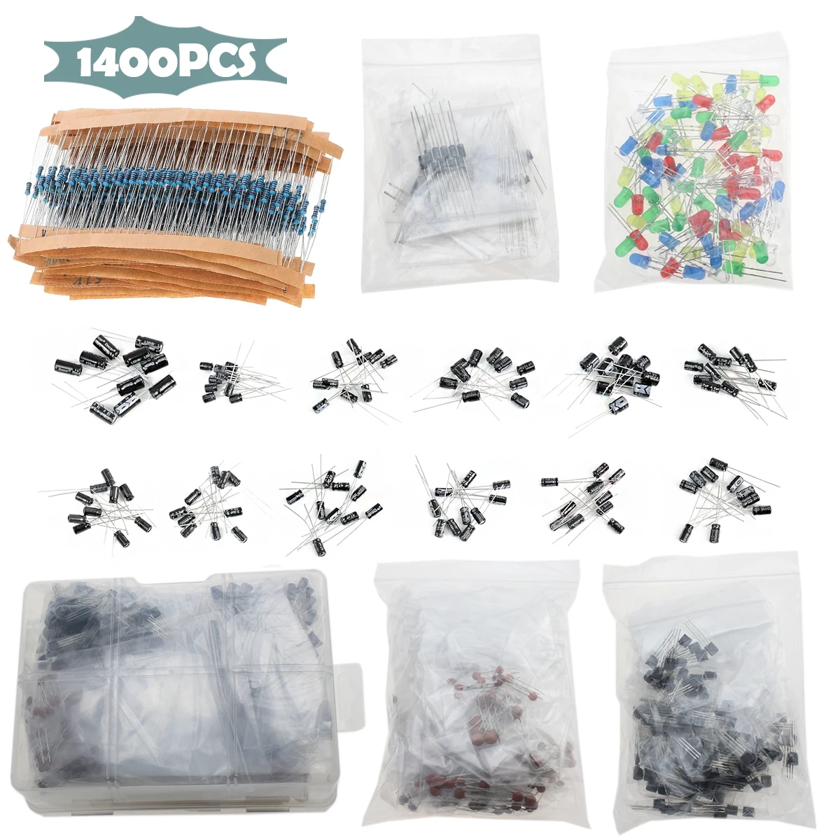 1400Pcs Electronic Component Box Kit, Metal Film Resistor Transistor Electrolytic Capacitor Ceramic LED Diode DIY Parts