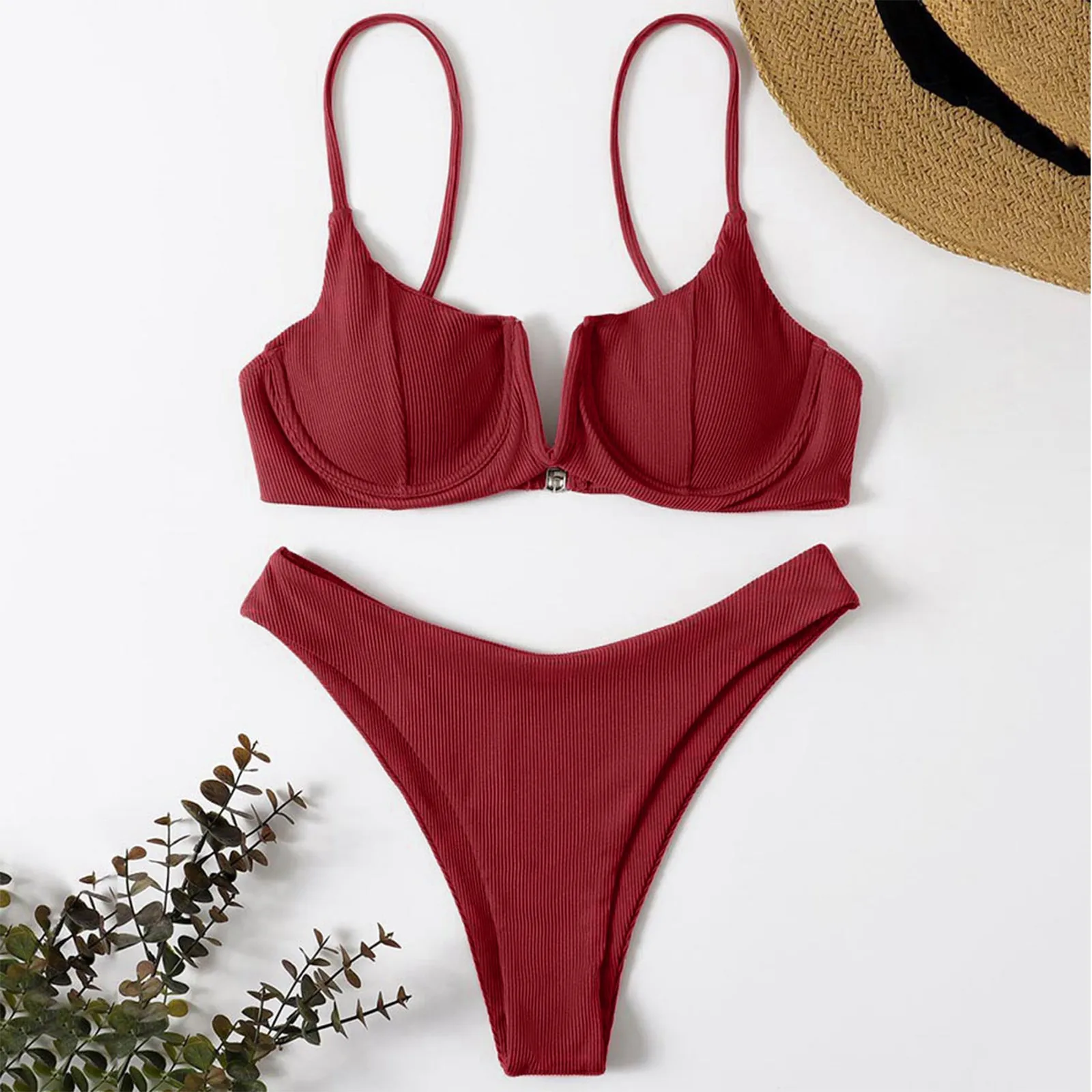 Ensemble de bikini à volants pour femme, maillot de bain en acier de type V, bande, rembourré, push-up, bord de mer, bikini, maillot de bain femme