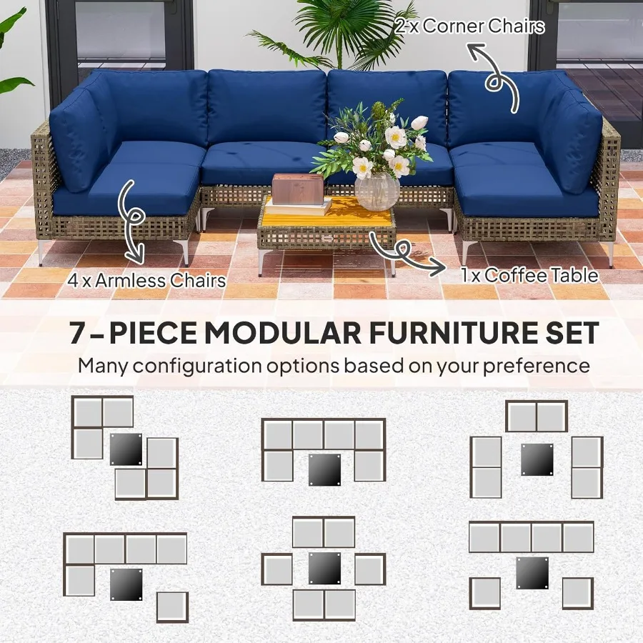 7 Piece Modular Outdoor Patio Furniture Set with Thickened Cushions for Backyard Relaxation Rattan Sectional Conversation Set F