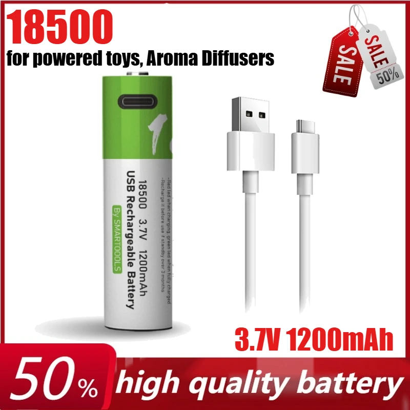 

3.7V 1200mAh 18500 Lithium Rechargeable Battery for Powered Toys, Aroma Diffusers,Flashlights , with Type-C Charging Cable