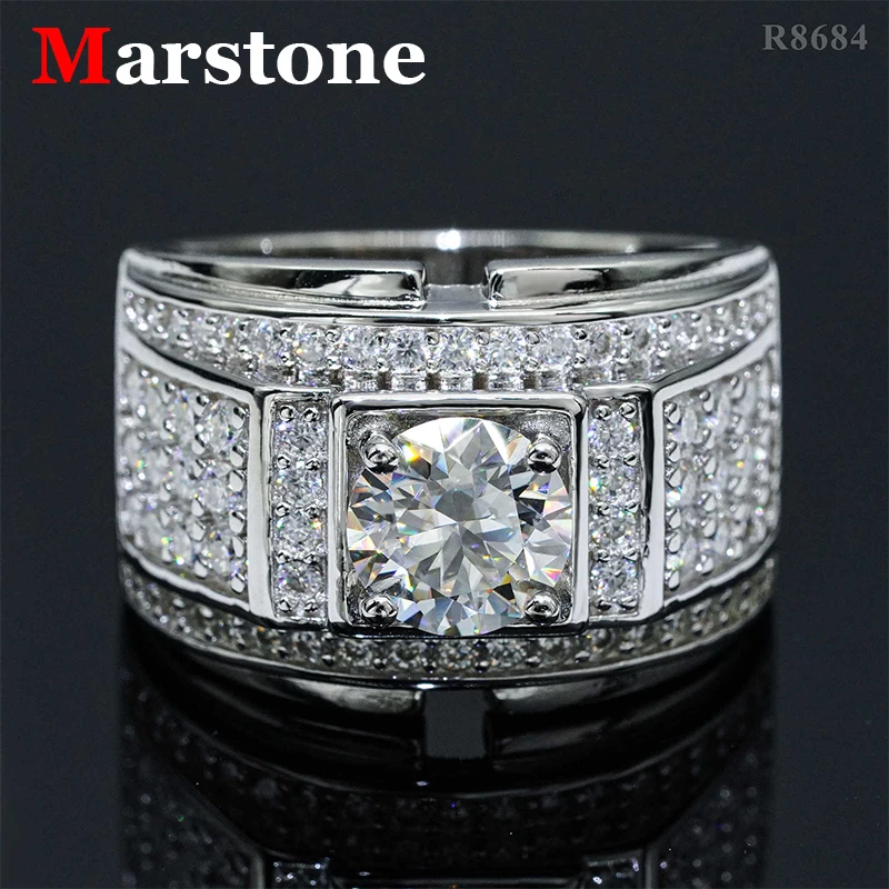 1.5CT Full Moissanite Diamond Solid Ring Big Ring Hip Hop Rap S925 Silver Ring Plated White Gold Jewelry for Men