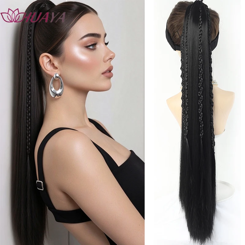 Synthetic Braided Ponytail Extension Long Straight Thin Braids Wrap Around Heat Resistant Hairpiece For Halloween Festival Party