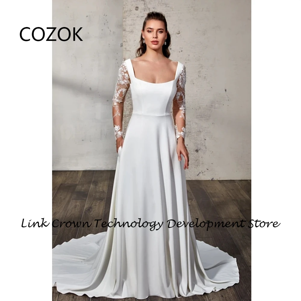 

COZOK Strapless Wedding Dresses with Jersey Full Sleeve Bridal Gowns 2024 Summer Sweep Train Vestidos De Novia New Button