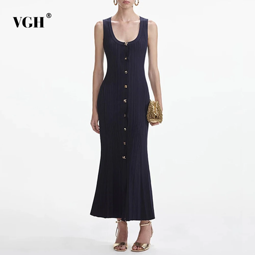 

VGH Slim Fit Elegant Spliced Button Long Dresses For Women Round Neck Sleeveless High Waist Temperament Dress Female Fashion New