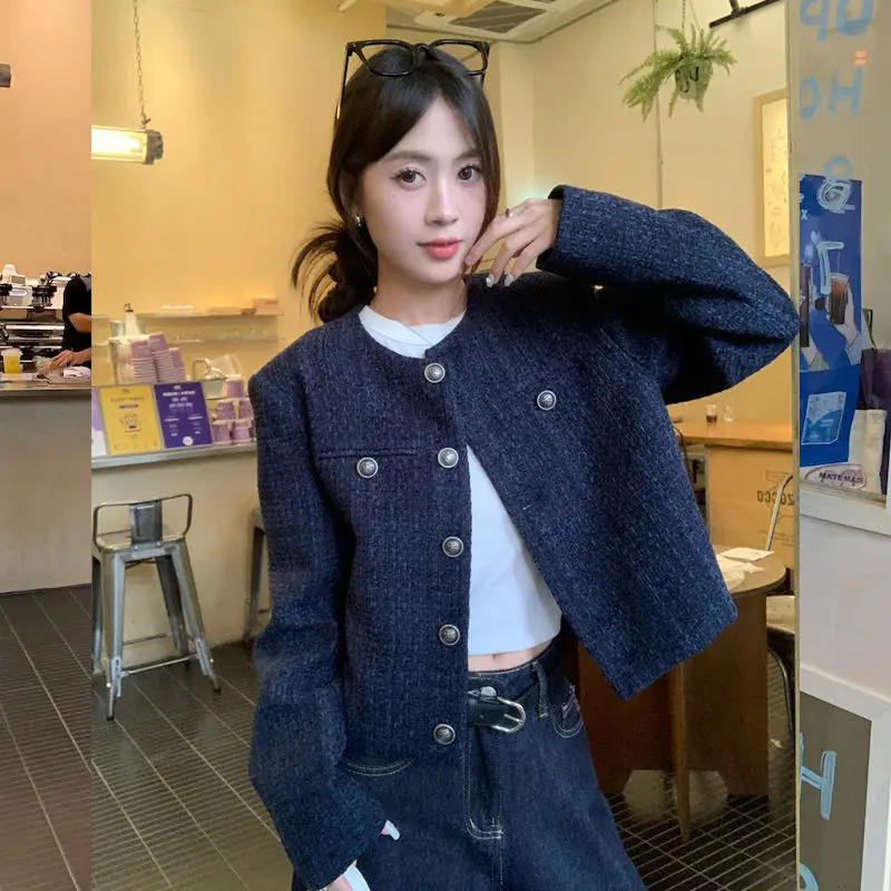 Navy Blue Short Style Small Fragrance Jacket Women's Single Row Retro New High-end Loose Long Sleeved Top